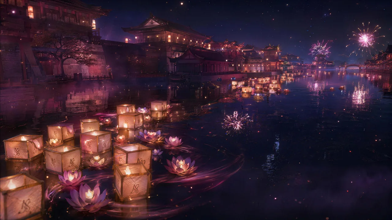 上巳节河灯夜景